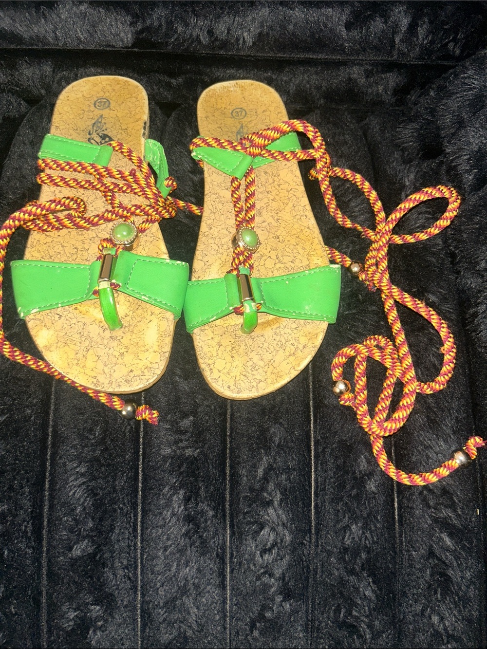 Braided Lace-Up Green Women’s Sandals with Cork Footbed